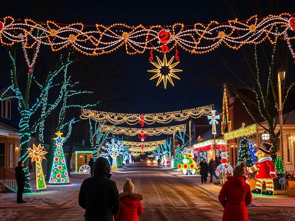Holiday light display in the town of Carlyle with festive decorations and illuminations