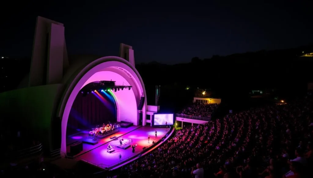 Hollywood Bowl amphitheater during a concert with the stage illuminated and audience enjoying the performance Hollywood Bowl amphitheater during a concert with the stage illuminated and audience enjoying the performance