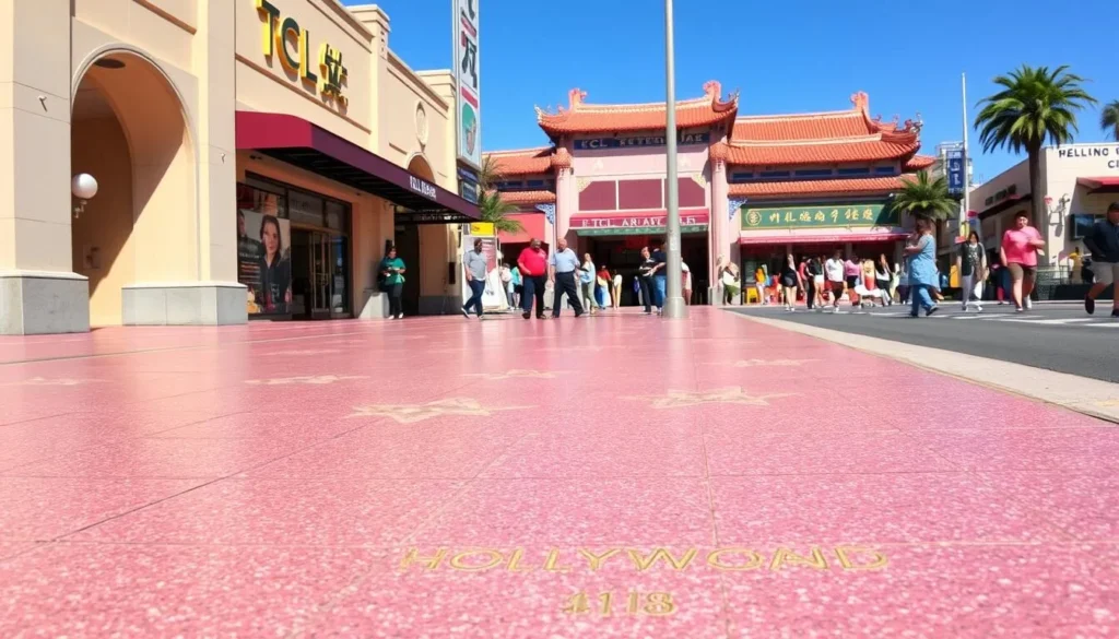 Hollywood Walk of Fame with stars embedded in the sidewalk and the iconic TCL Chinese Theatre in the background Hollywood Walk of Fame with stars embedded in the sidewalk and the iconic TCL Chinese Theatre in the background