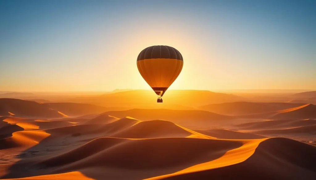 Hot air balloon floating over Sossusvlei desert landscape at sunrise - best things to do in Namibia