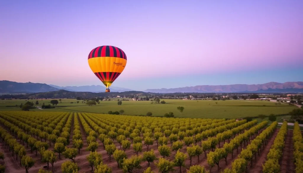 Hot air balloon flying over Temecula Valley vineyards at sunrise
