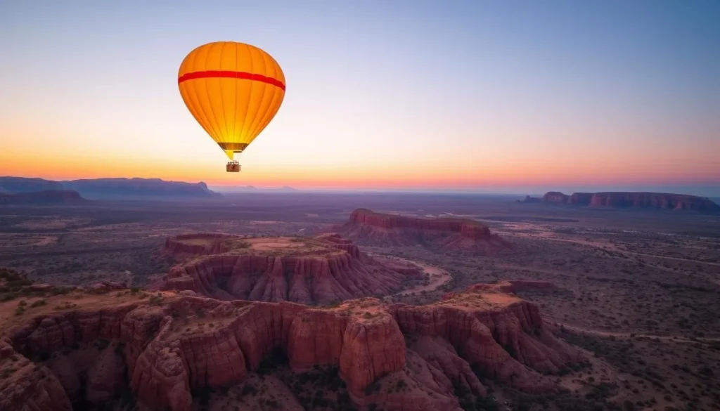 Hot air balloon flying over the rugged Outback landscape near Alice Springs