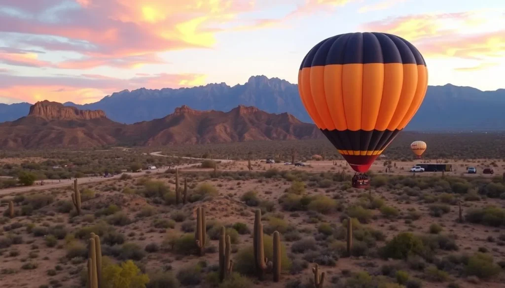 Hot air balloon ride over the Sonoran Desert at sunrise with the Superstition Mountains in the background