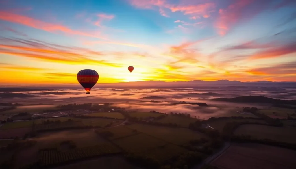 Hot air balloons floating over Yarra Valley vineyards at sunrise with colorful sky