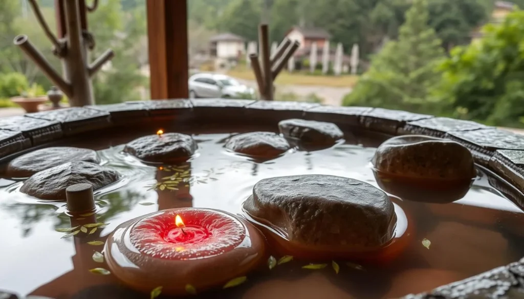 Hot stone bath at a Bhutanese resort with river stones heated until red-hot and placed in water infused with Artemisia leaves