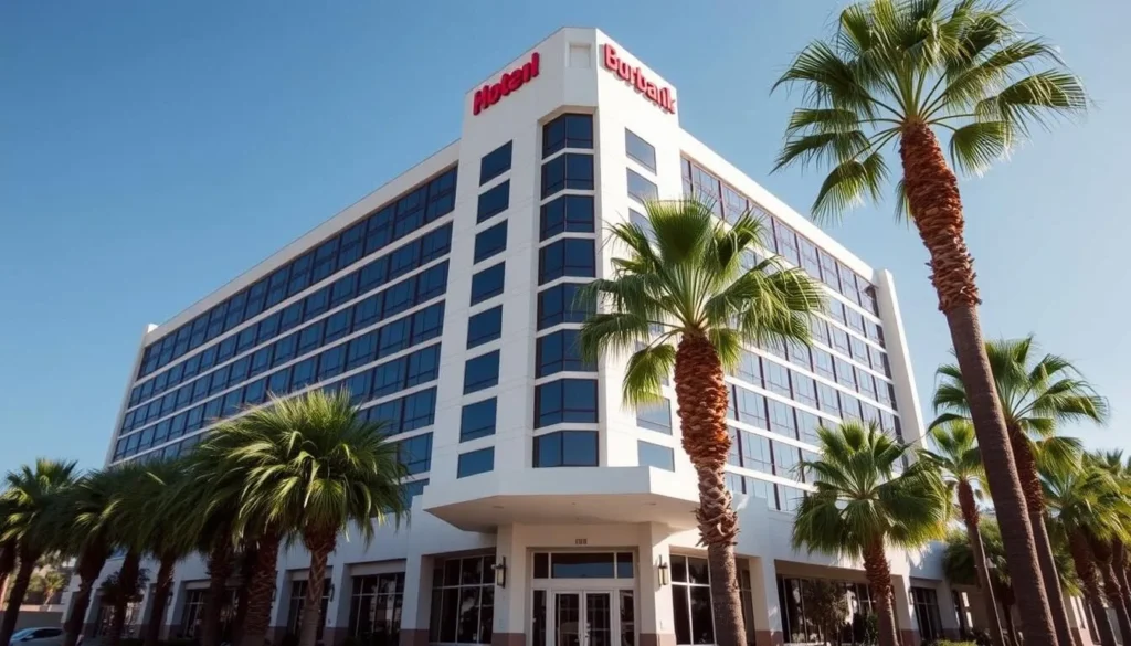 Hotel Burbank exterior showing the modern 19-story building, a popular accommodation option for visitors exploring Burbank, California things to do Hotel Burbank exterior showing the modern 19-story building, a popular accommodation option for visitors exploring Burbank, California things to do