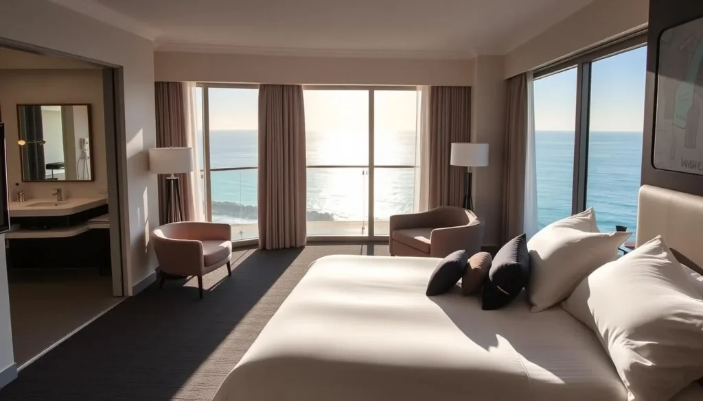 Hotel room with ocean view in Newcastle luxury accommodation