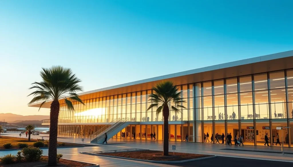 Ibiza Airport, a sleek and modern architectural marvel nestled against a backdrop of azure skies and rolling hills. Capture the elegant terminal building with its expansive glass facades, bathed in warm, golden sunlight that filters through the large windows. Showcase the bustling activity of travelers navigating the concourses, their silhouettes moving with purpose against the clean, minimalist interiors. In the foreground, include the neatly manicured landscaping and a few palm trees swaying gently in the sea breeze, hinting at the island's tropical allure. Compose the scene with a wide-angle lens to emphasize the scale and grandeur of the airport, while maintaining a sense of tranquility and efficiency that reflects the ease of accessing this prime Mediterranean destination.