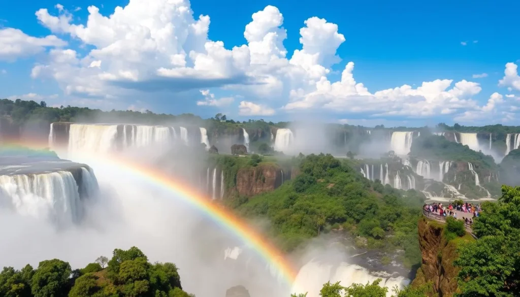 Iguaçu Falls during ideal visiting season with moderate water flow and rainbow