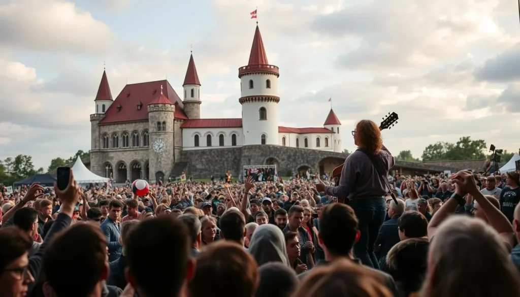 Image generation prompt: A blues musician performing on stage at Haapsalu Castle during Augustibluus, with a crowd enjoying the music.