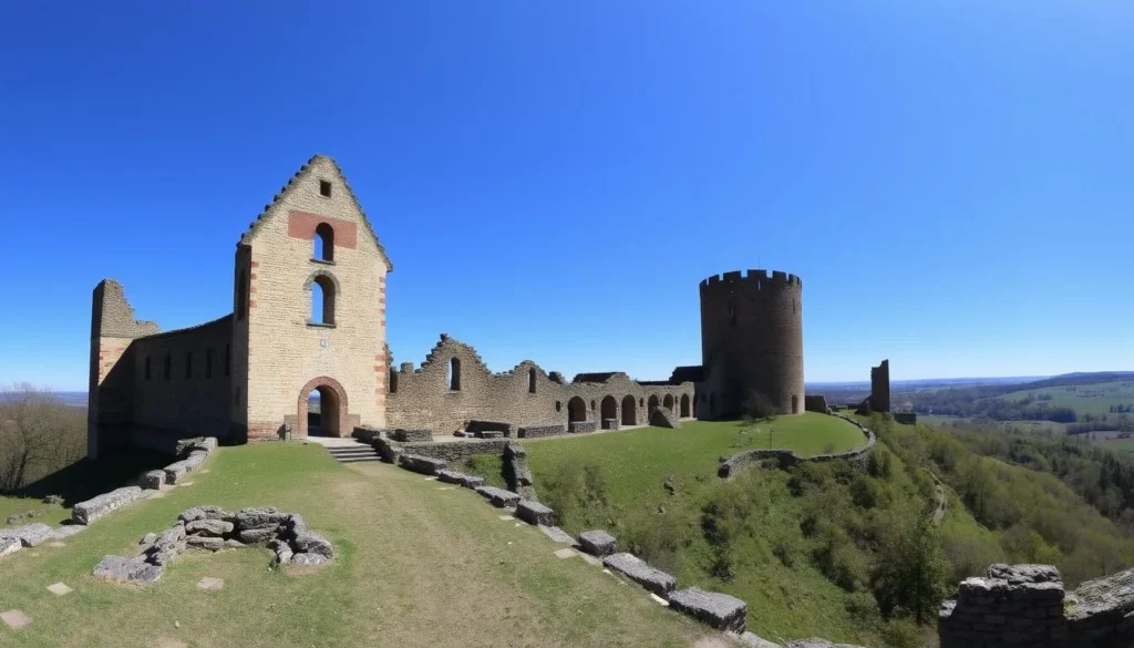 Image generation prompt: A panoramic view of Nanstein Castle's ruins in Landstuhl, Germany, with a clear blue sky.