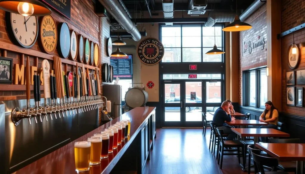 Image generation prompt: A photo of the Bagg's Square Brewing Company tasting room with a variety of beers on tap.