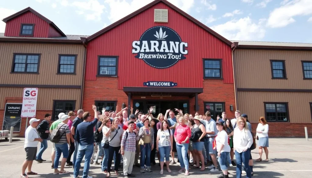 Image generation prompt: A photo of the Saranac Brewing Company building with a tour group in front.