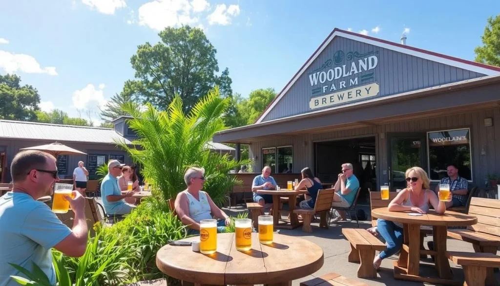 Image generation prompt: A photo of the Woodland Farm Brewery outdoor seating area with customers enjoying their beers.