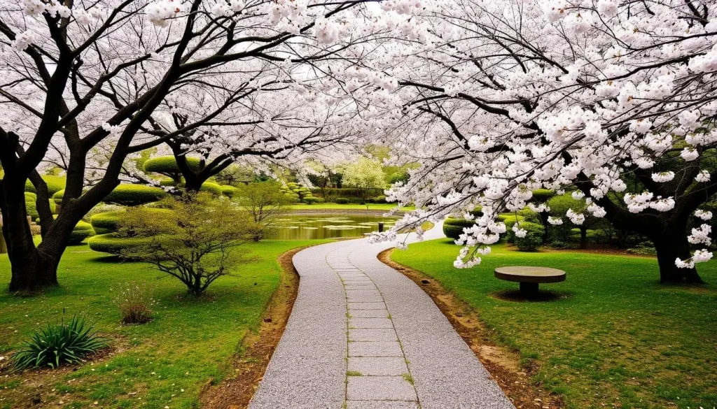 Image generation prompt: A serene pathway in the Japanese Garden Kaiserslautern, lined with cherry blossoms and a tranquil pond.