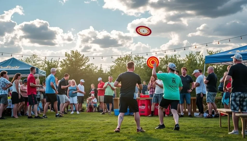 Image generation prompt: A vibrant disc golf tournament scene at the Tallinn Song Festival Grounds with players competing and spectators enjoying food and drinks.