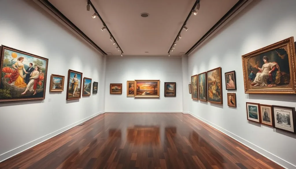 Image generation prompt for 2 Islands Gallery: A spacious gallery with an assortment of artwork, including paintings and prints, on display.