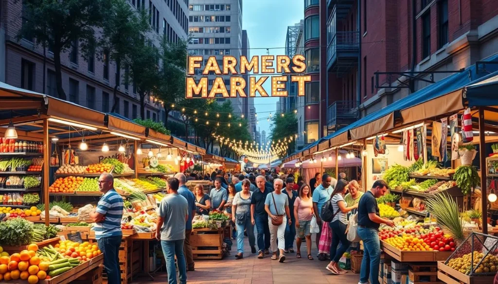 Image generation prompt for Downtown Farmers Market: A bustling farmers market with local vendors, featuring fresh produce, artisanal foods, and handcrafted goods.