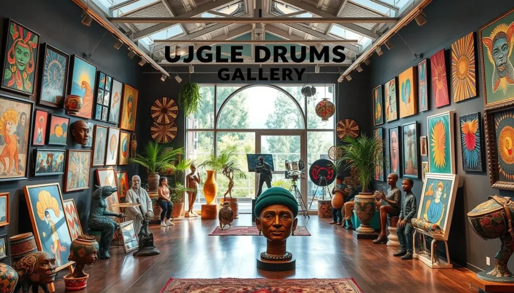 Image generation prompt for Jungle Drums Gallery: A vibrant art gallery with a variety of colorful artwork and sculptures on display.