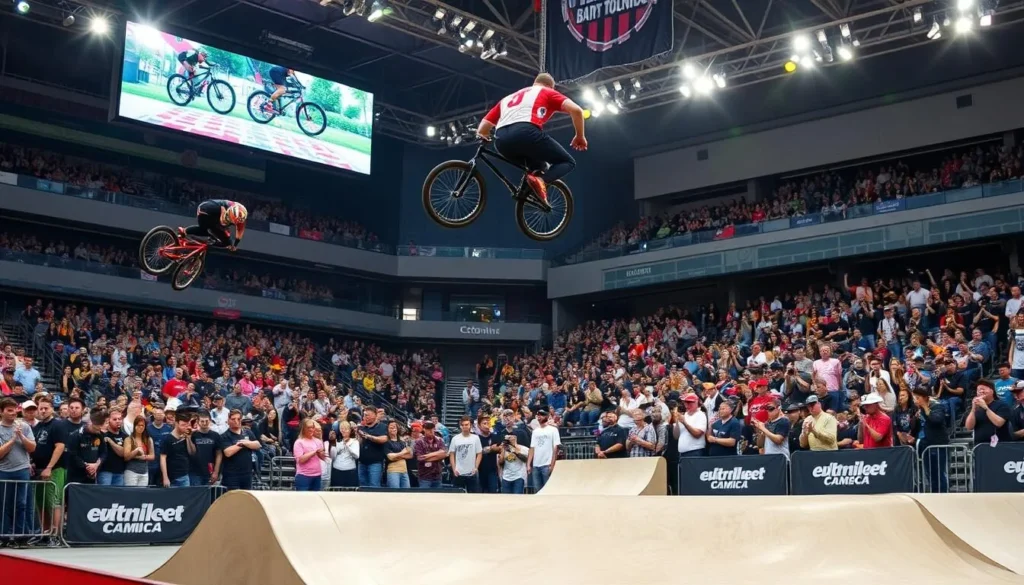 Image generation prompt for Simple Session: A dynamic image of BMX riders and skateboarders competing in a massive arena in Tallinn, Estonia.