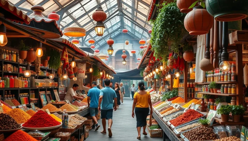 Image generation prompt for Spice Village: A bustling marketplace with vibrant colors and enticing aromas, featuring various spice stalls and international cuisine.