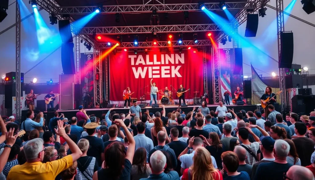 Image generation prompt for Tallinn Music Week: A vibrant image of various musicians performing on different stages during Tallinn Music Week in Estonia.
