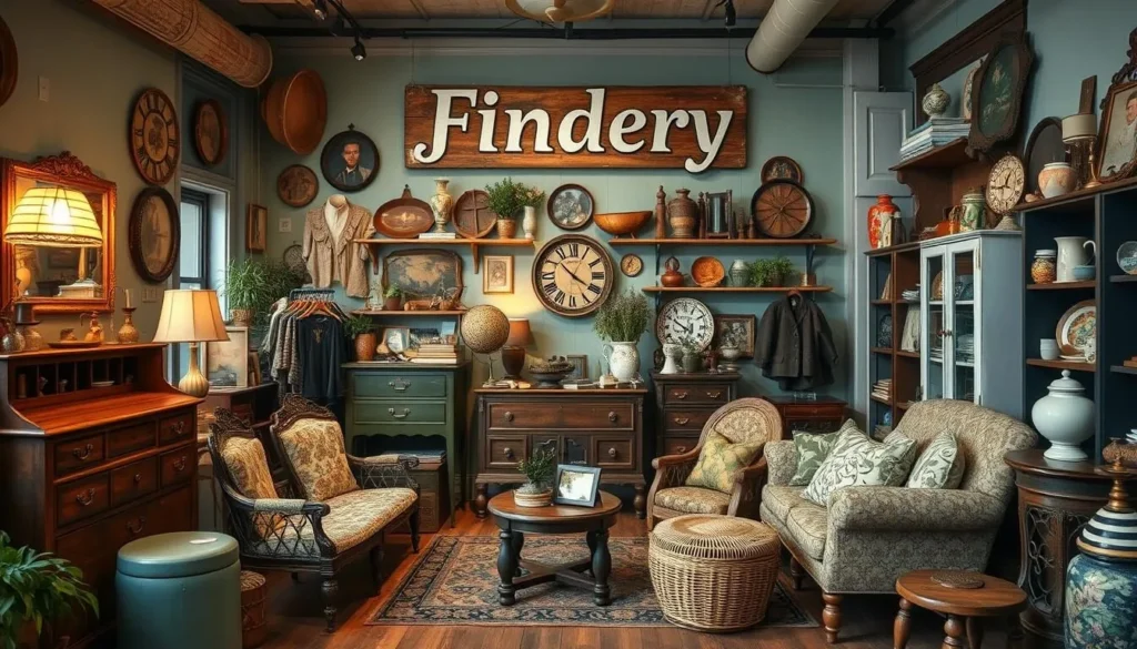Image generation prompt for The Findery: A vintage store with eclectic decor, featuring antique furniture, vintage clothing, and unique collectibles.