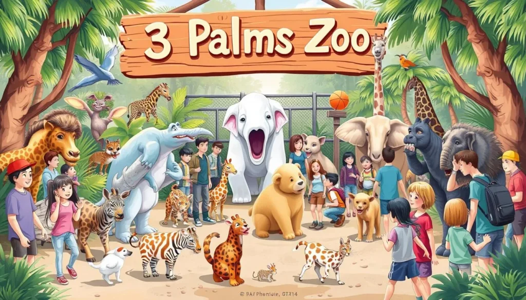 Image of 3 Palms Zoo with various animals and visitors interacting with them