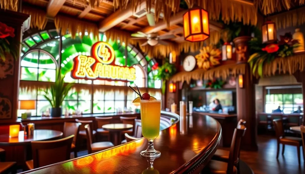 Image of 4 Kahunas Tiki Lounge's interior with a signature cocktail and tiki decor