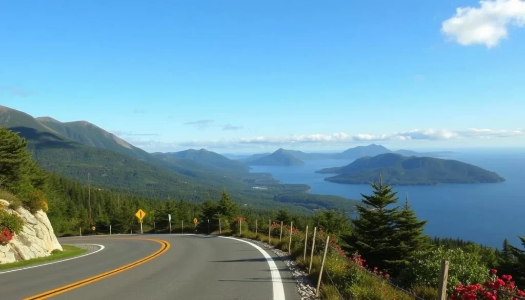 Image of Acadia National Park's Park Loop Road with mountains and ocean in the background