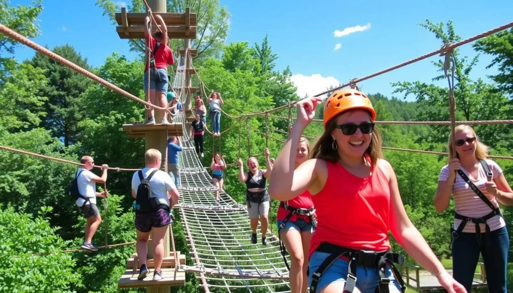 Image of Adventure Park USA with people navigating the ropes course