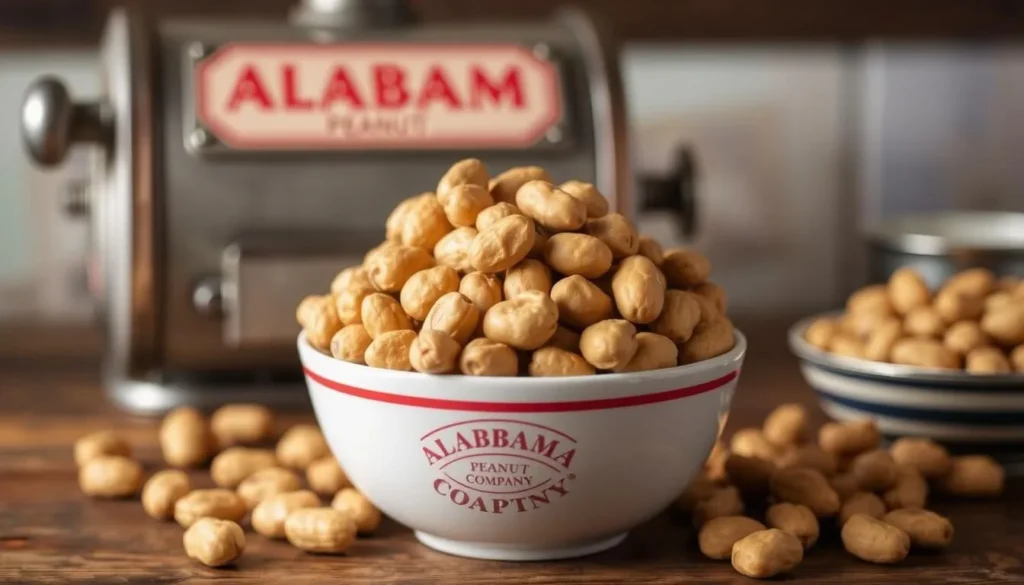 Image of Alabama Peanut Company's boiled peanuts in a bowl, with a historic roaster in the background.