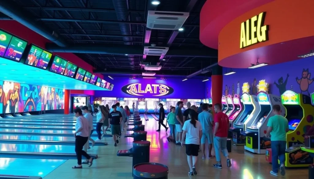 Image of Alley Cats Entertainment facility with bowling lanes and arcade games