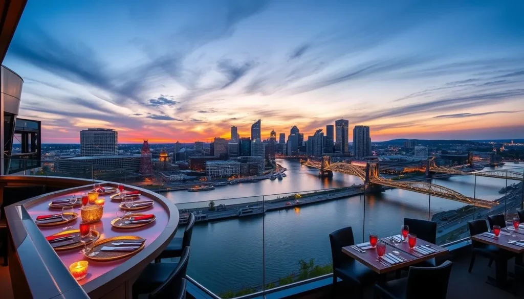 Image of Altius restaurant with a view of Pittsburgh's skyline and the three rivers