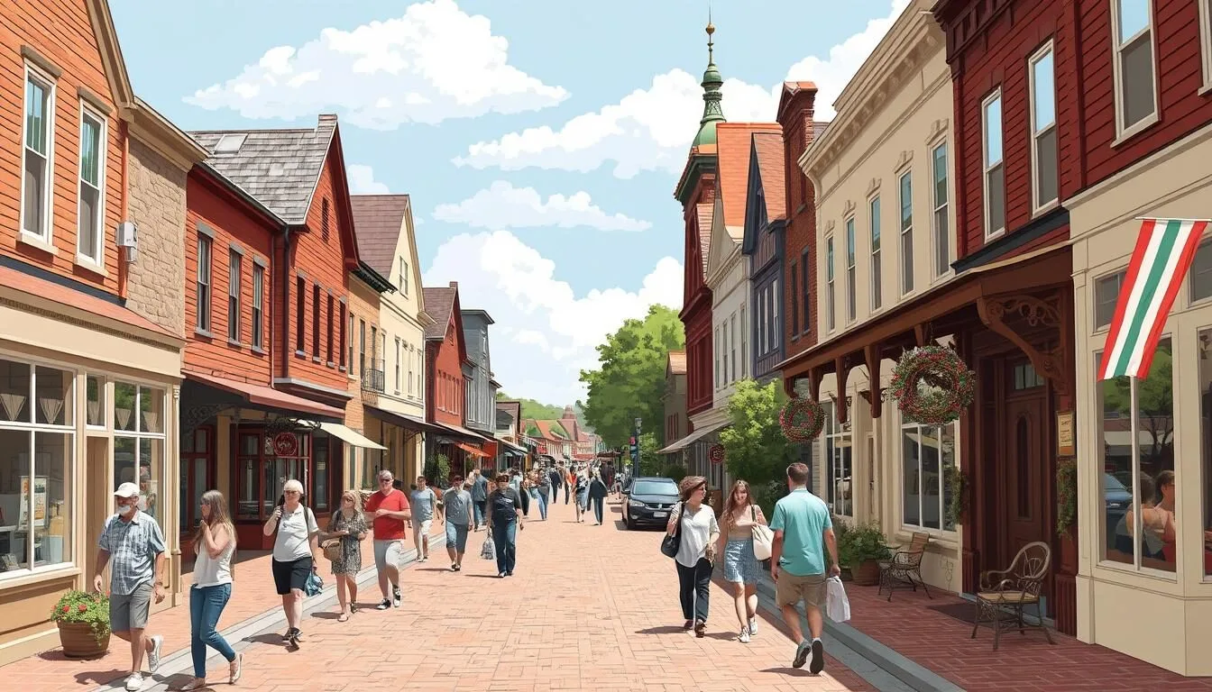 Image of Amana Colonies main street with historic buildings and visitors