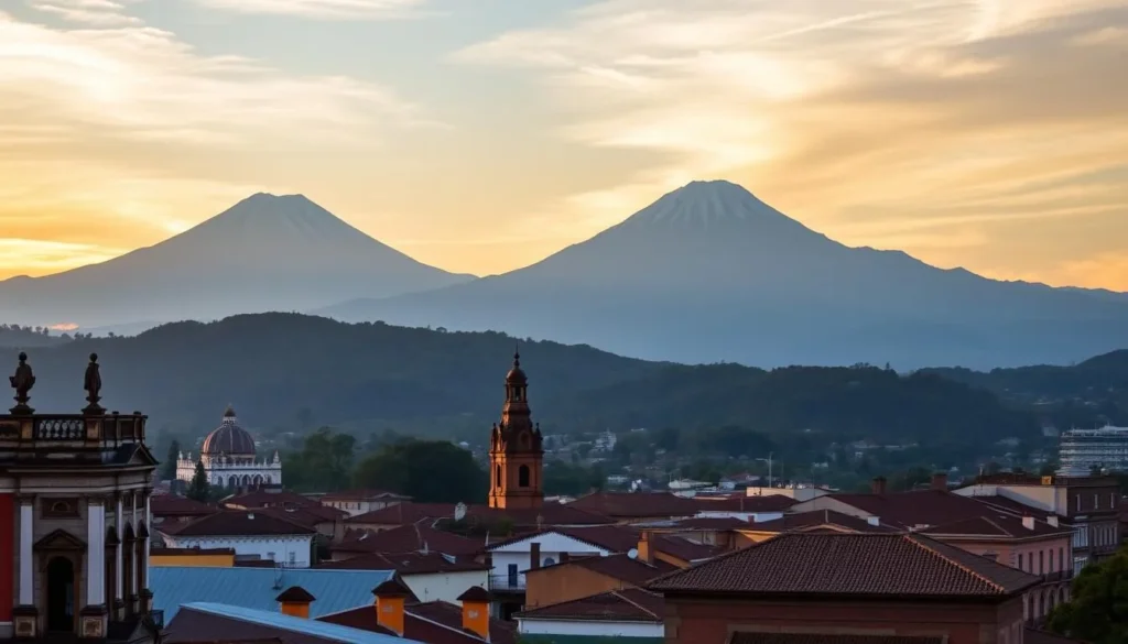 Image of Antigua Guatemala with volcanoes in the background