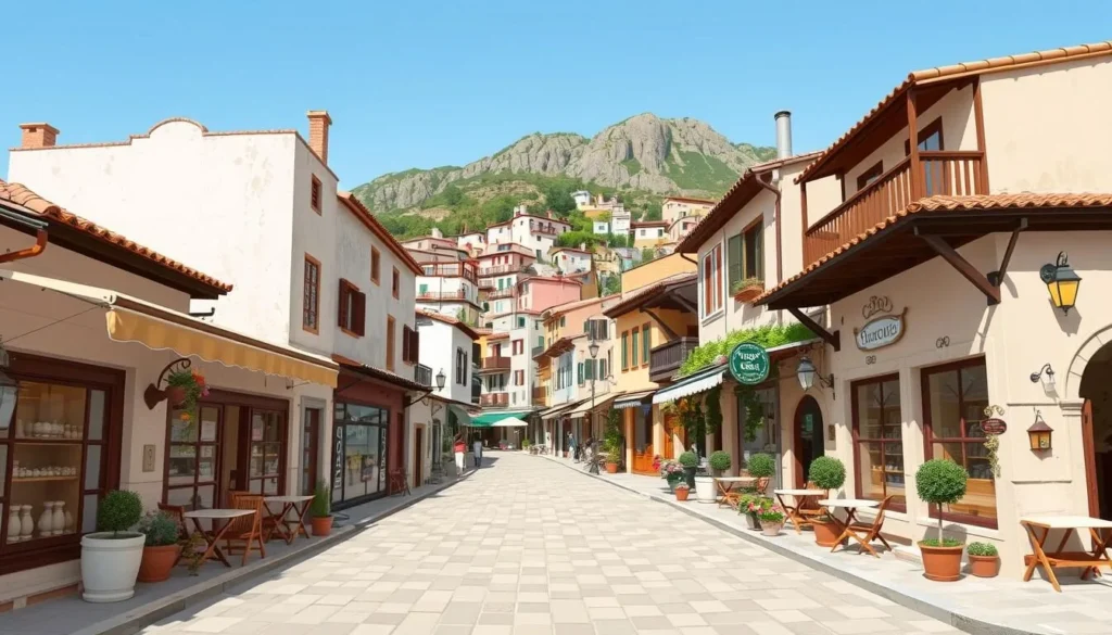 Image of Arachova's main street with traditional shops and cafes