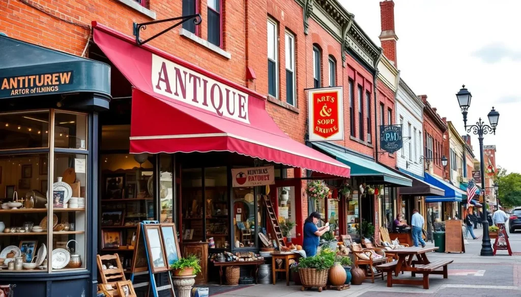 Image of Arts & Antique Row in Alton, Illinois, showcasing various antique shops and local artisans.
