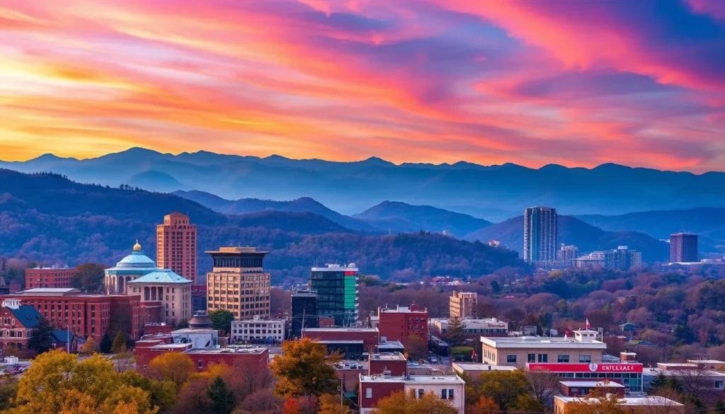 Image of Asheville's cityscape with the Blue Ridge Mountains in the background