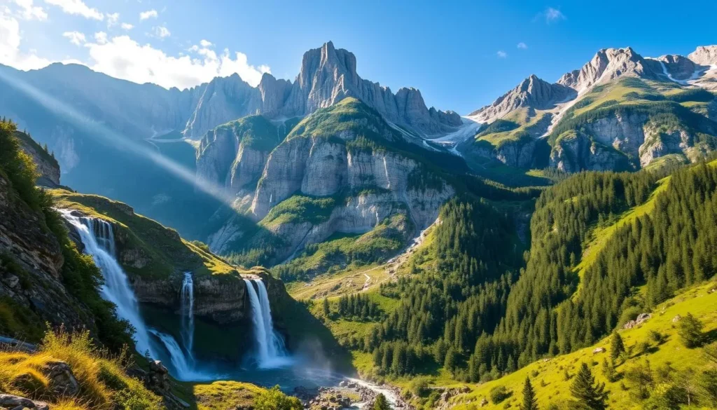 Image of Austria's majestic natural landscapes, including waterfalls and mountains. Image of Austria's majestic natural landscapes, including waterfalls and mountains.