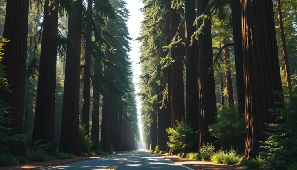 Image of Avenue of the Giants with tall redwoods lining the road