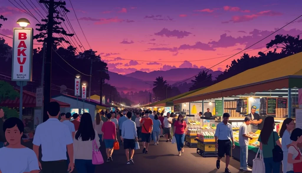 Image of Baguio Night Market along Harrison Road at dusk, with vibrant stalls and people browsing