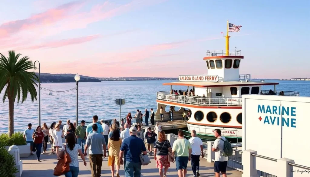 Image of Balboa Island Ferry docked at the peninsula with people walking towards Marine Avenue