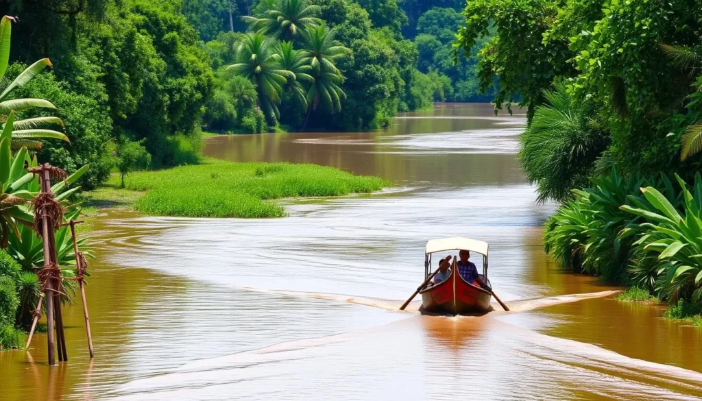 Image of Bang Krachao's lush green landscape with a boat on the river