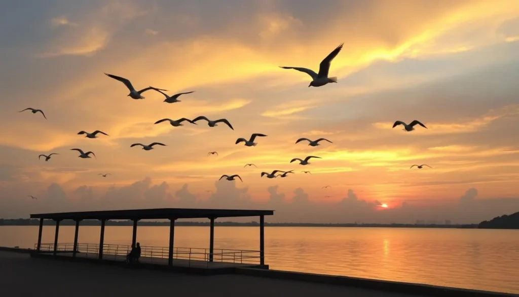 Image of Bang Pu Recreational Center at sunset with seagulls flying overhead