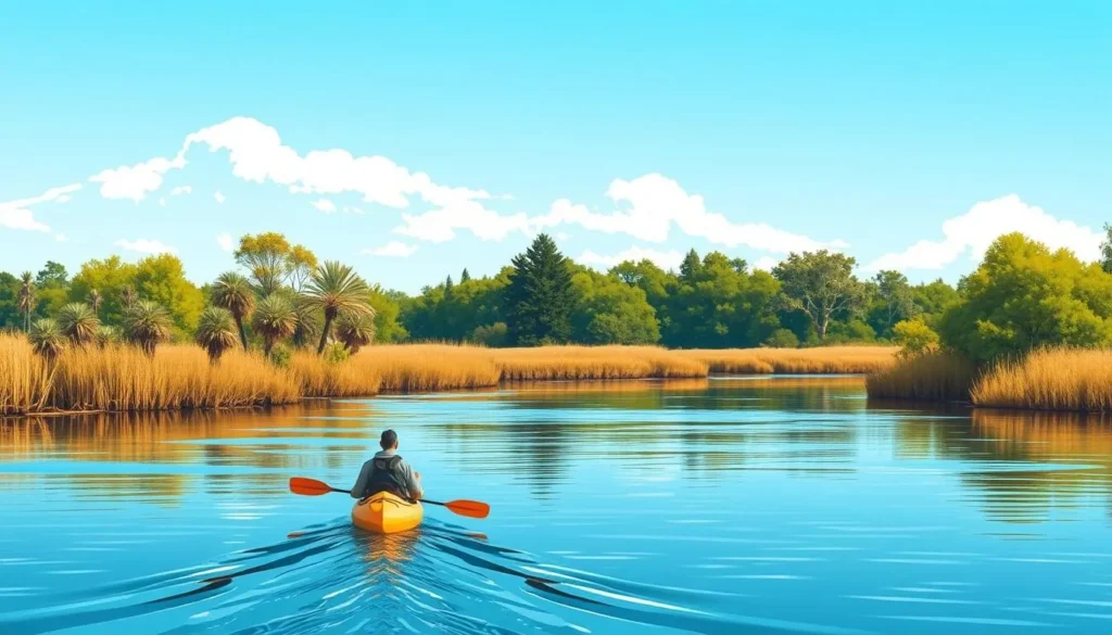 Image of Bark Bay Slough, with a kayak paddling through the calm waters