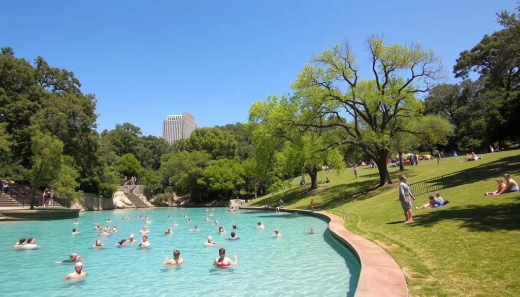 Image of Barton Springs Pool with people swimming and enjoying the surrounding grassy areas
