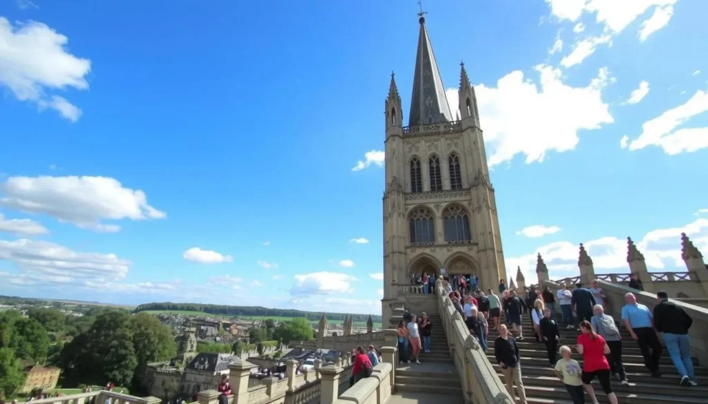 Image of Bath Abbey tower with visitors climbing the stairs