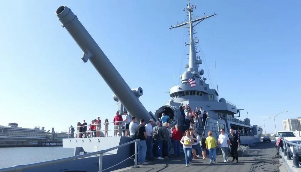 Image of Battleship Wisconsin at Nauticus with visitors exploring the ship's deck.