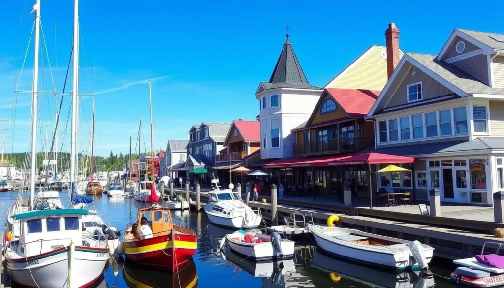 Image of Bayfield's waterfront with boats and shops